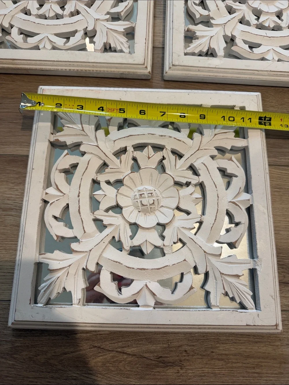 Decorative Carved Floral Rustic Boho Wall Plaques - White. Set of 3. Mirrored.